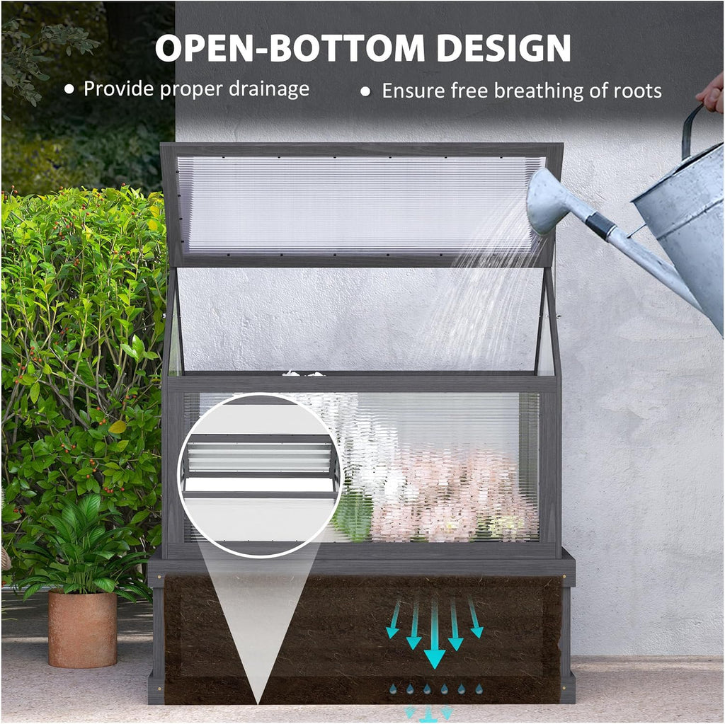 Raised Garden Bed with Greenhouse, Wooden Cold Frame Planter Kit, 35.5"x22.5"x38.25", Gray - Outdoor Plant Protector