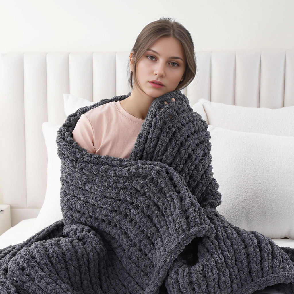 Chunky Knit Throw Blanket, Dark Grey Chenille Throw Blanket 50x60in