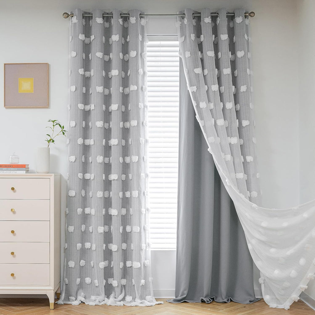 Living Room Curtains, 84 Inch Long Grey Blackout Curtains with Pom Pom Trim, Double Layer Sheer Drapes for Kids Room