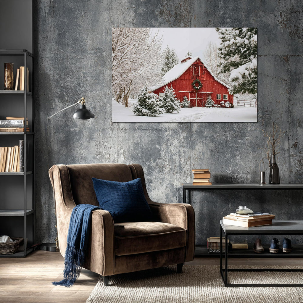 Christmas Vintage Barn Canvas Wall Art, Large Winter Scene Pictures, Red Barn and Tree Snow Wall Decor Artwork