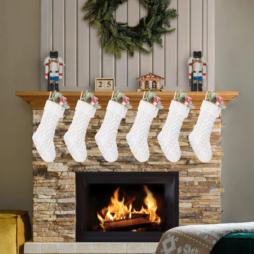 S, 18 Inch White Cable Knitted Stockings for Xmas Holiday Decoration, 6 Pack - Set of 6