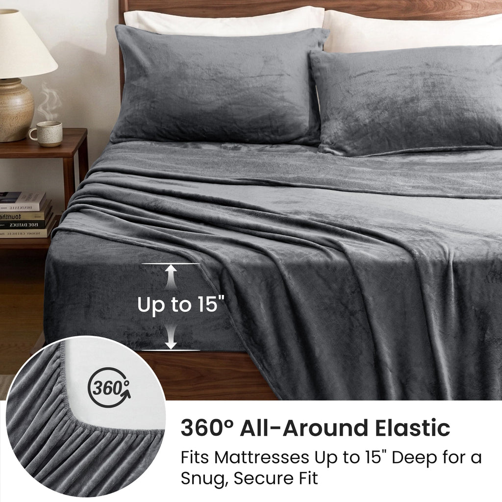 Flannel Sheets Set, Grey, 4 Pieces, 15" Deep Pocket