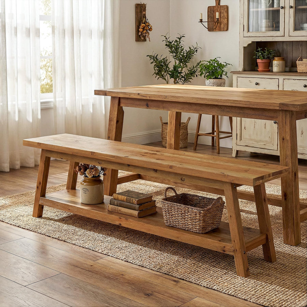Solid Wood 63" End of Bed Bench with Storage Shelves, Rustic 62.99" L Foot of Bed Bench, Upholstered Seat & Open Shelf