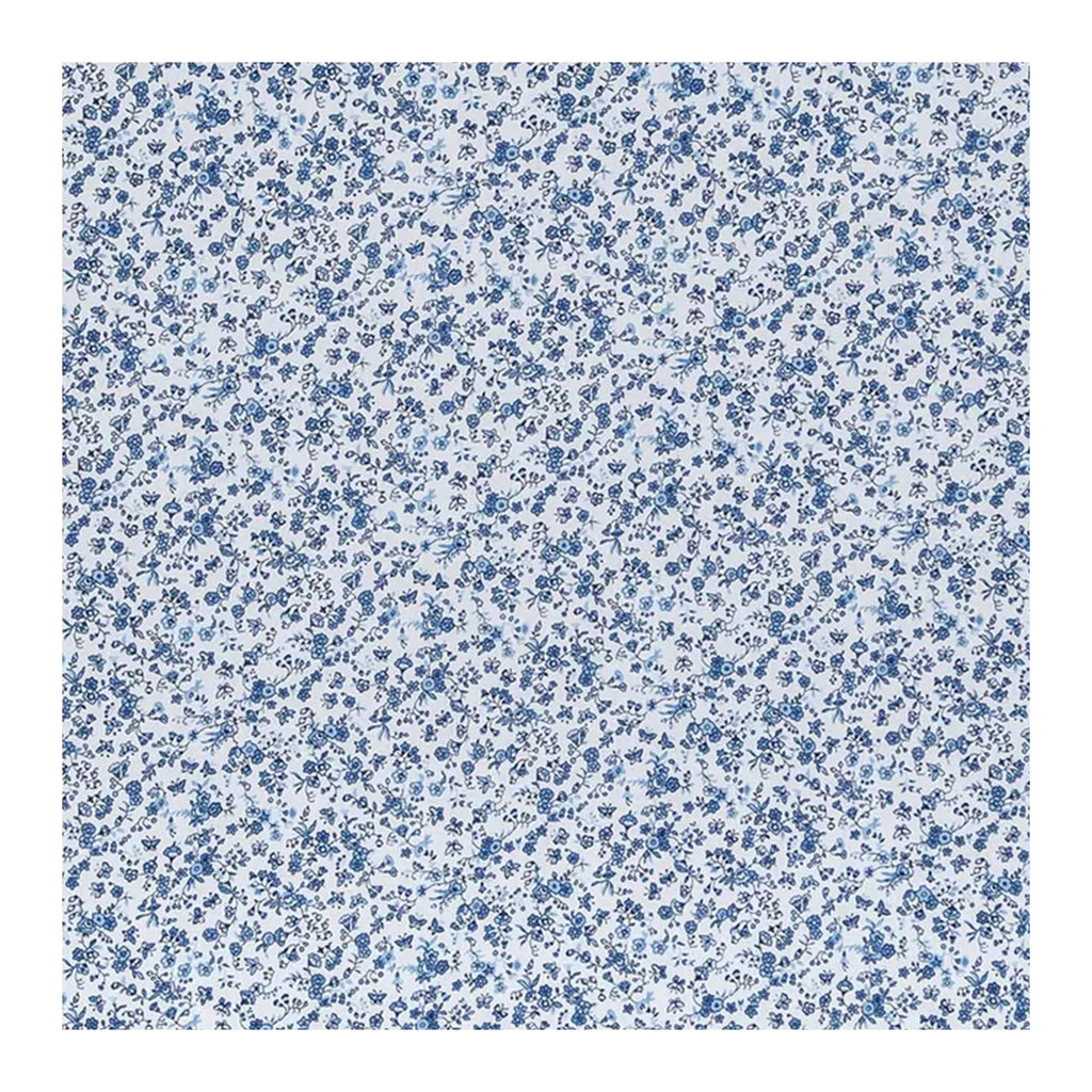 White & Blue Monotone Floral Cotton Calico Fabric, 1 Yard