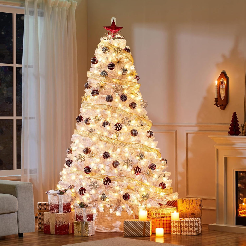 7.5ft Prelit Artificial Christmas Tree, 550 Warm Lights, White | 1354PVC tips fluff into an even, layered shape on a
