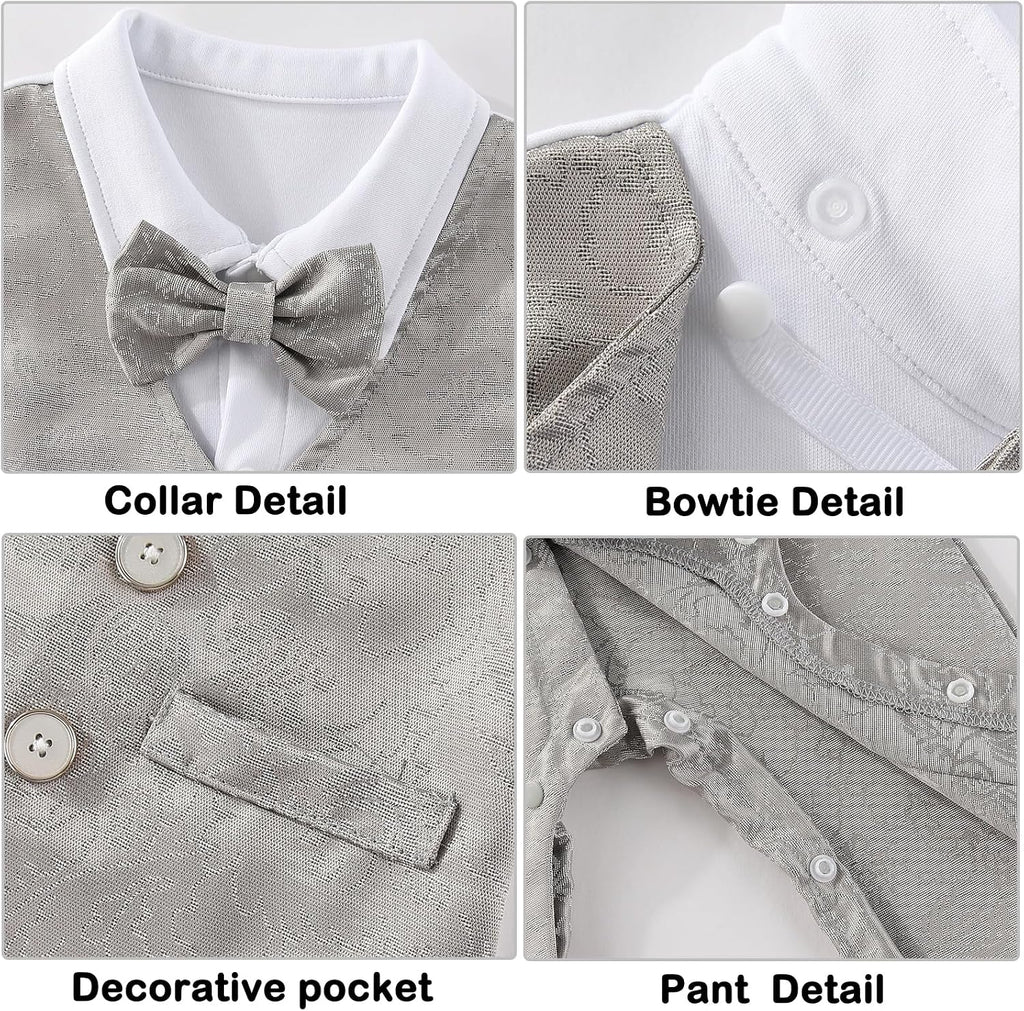 Newborn Baby Boy Gentleman Tuxedo Romper One Piece Long Sleeve Bowtie Outfit Formal Wear Clothes Suit