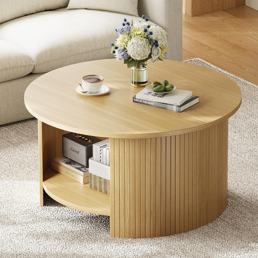 Round Coffee Table with Storage, 31.5" Modern Fluted Center Table, 2-Tier Mid Century Coffee Table, Wood Circle Table