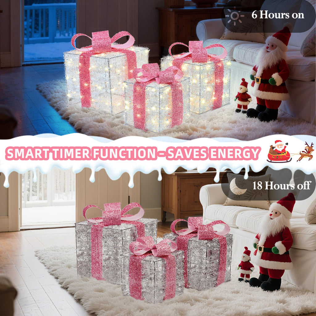 Christmas Decorations, 140 LEDs Set of 3 Lighted Gift Boxes with Silver Tinsel and Pink Bows, Warm White Present
