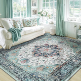 Area Rugs Washable Non-Slip, Floral Vintage Distress Print Pattern Medallion Carpet for Living Room Bedroom