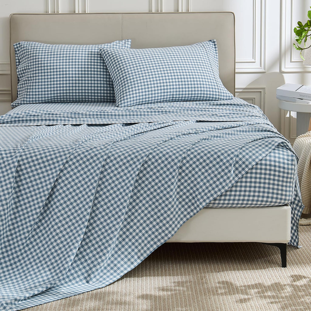Blue Gingham Sheets Set 100% Washed Cotton Linen Like