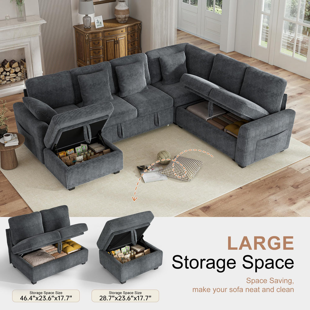 106" Sectional Sofa with Pull Out Couch Bed, 6 Seater Corduroy Sleeper Sofa with Storage Ottoman & USB Charging, Comfy