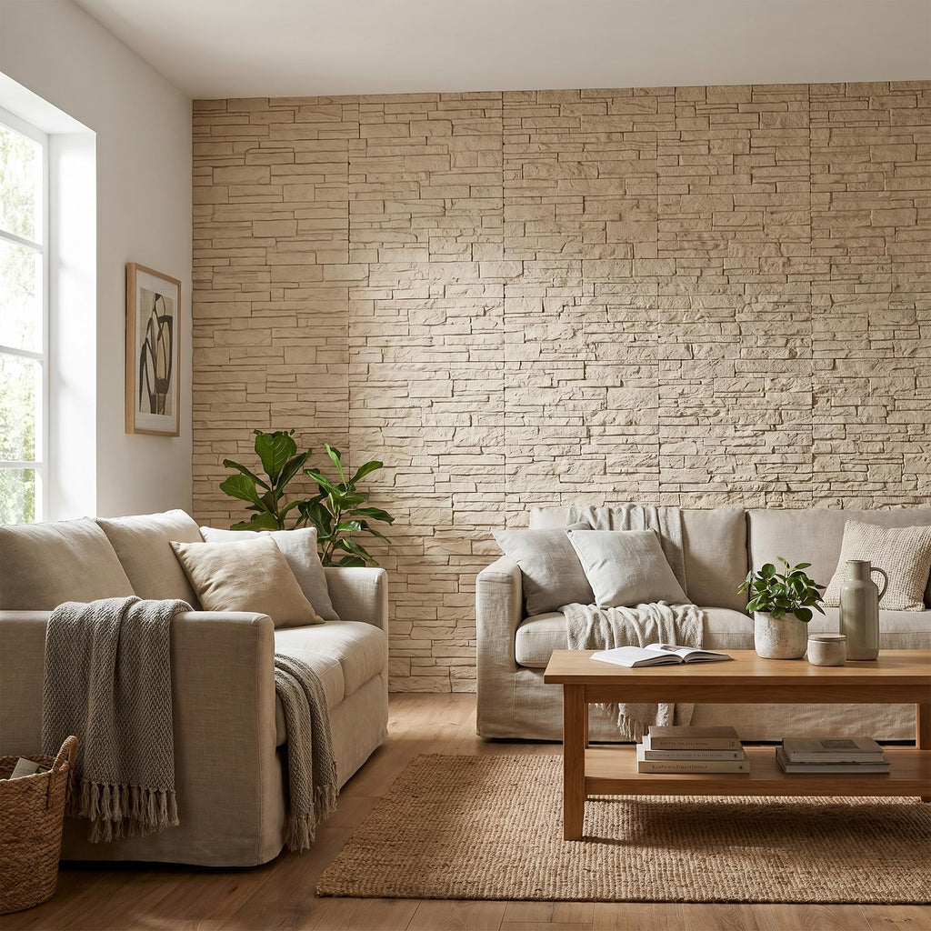 3D Stacked Ledger Stone PU Wall Panels, 23.6"x47.2" Cream Beige