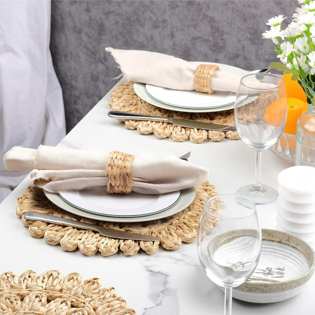 13.8" Corn Husk Woven Round Placemats Set of 6 - Wicker Boho Farmhouse Placemats - Rattan Table Mats for Dining