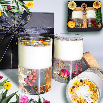 Candle Gift Set, Organic Natural Flowers in Yelly, Aromatherapy, Healing Gemstones, Botanical Scented Fragrance