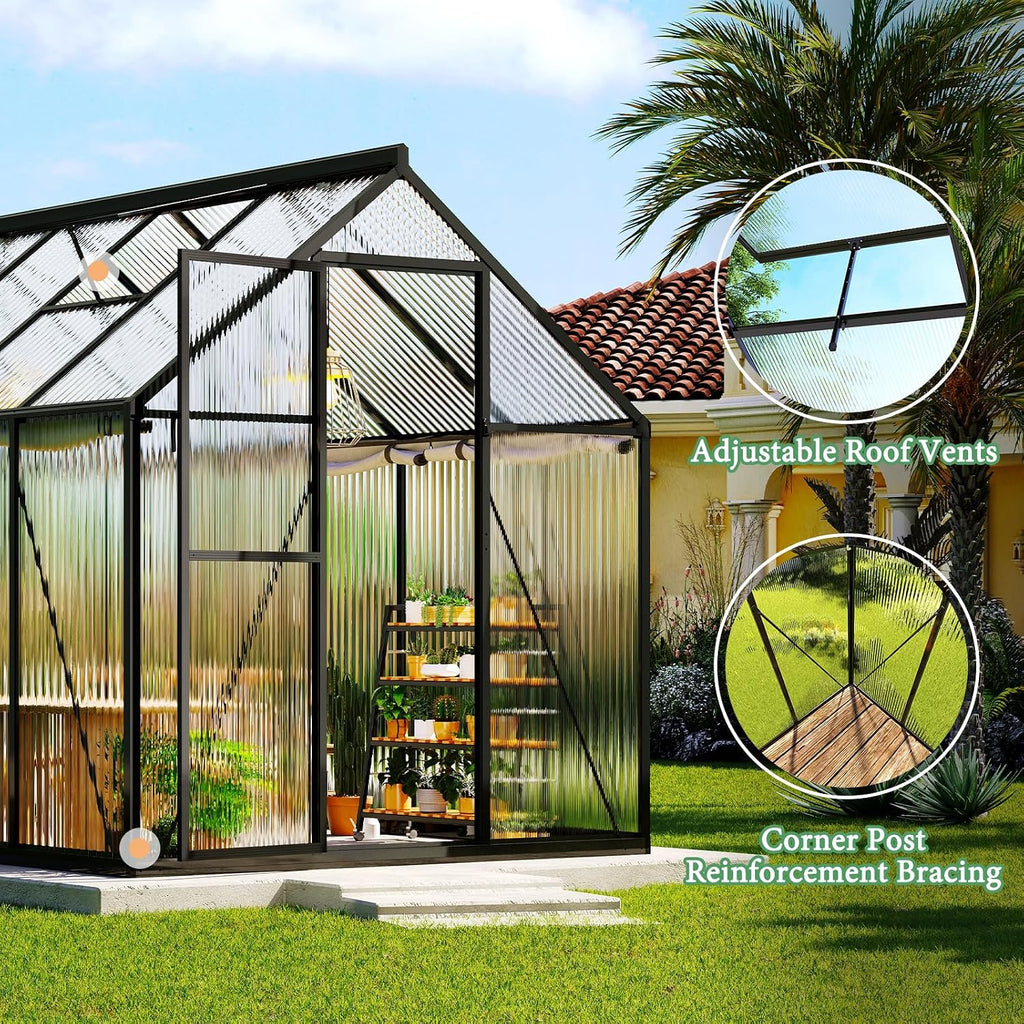 6x12 Ft Polycarbonate Greenhouse for Outdoors, Walk-in Design with Aluminum Frame, 2 Windows and Swing Door