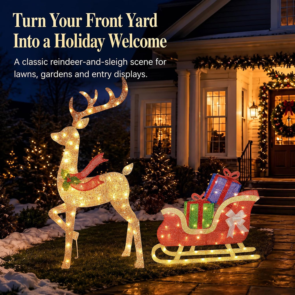 43 ‌"‌ 2.5D Lighted Christmas Reindeer with Sleigh Outdoor Decorations, Deer Pulling Gift Sled with 100 Warm White