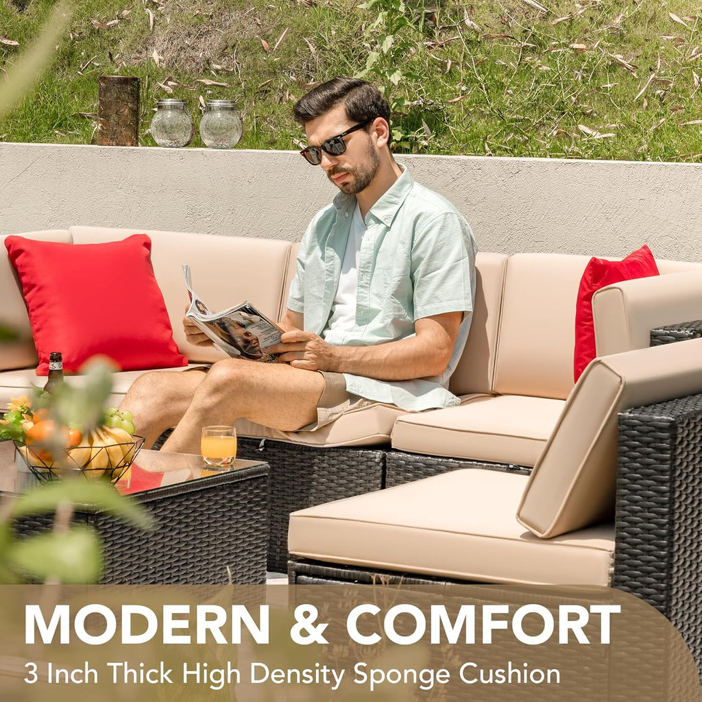 Patio Furniture Sets 6 Pieces Outdoor Sectional Rattan Sofa Manual Weaving Wicker Patio Conversation Set with Glass