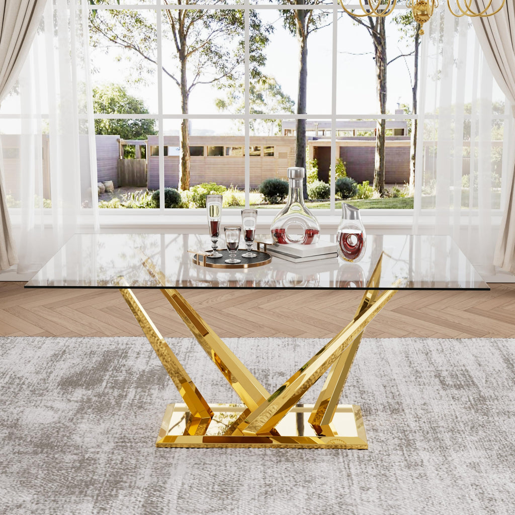 63'' Rectangular Glass Dining Table for 4-6, Luxury Kitchen Table with Tempered Glass and Aesthetic Gold Stainless