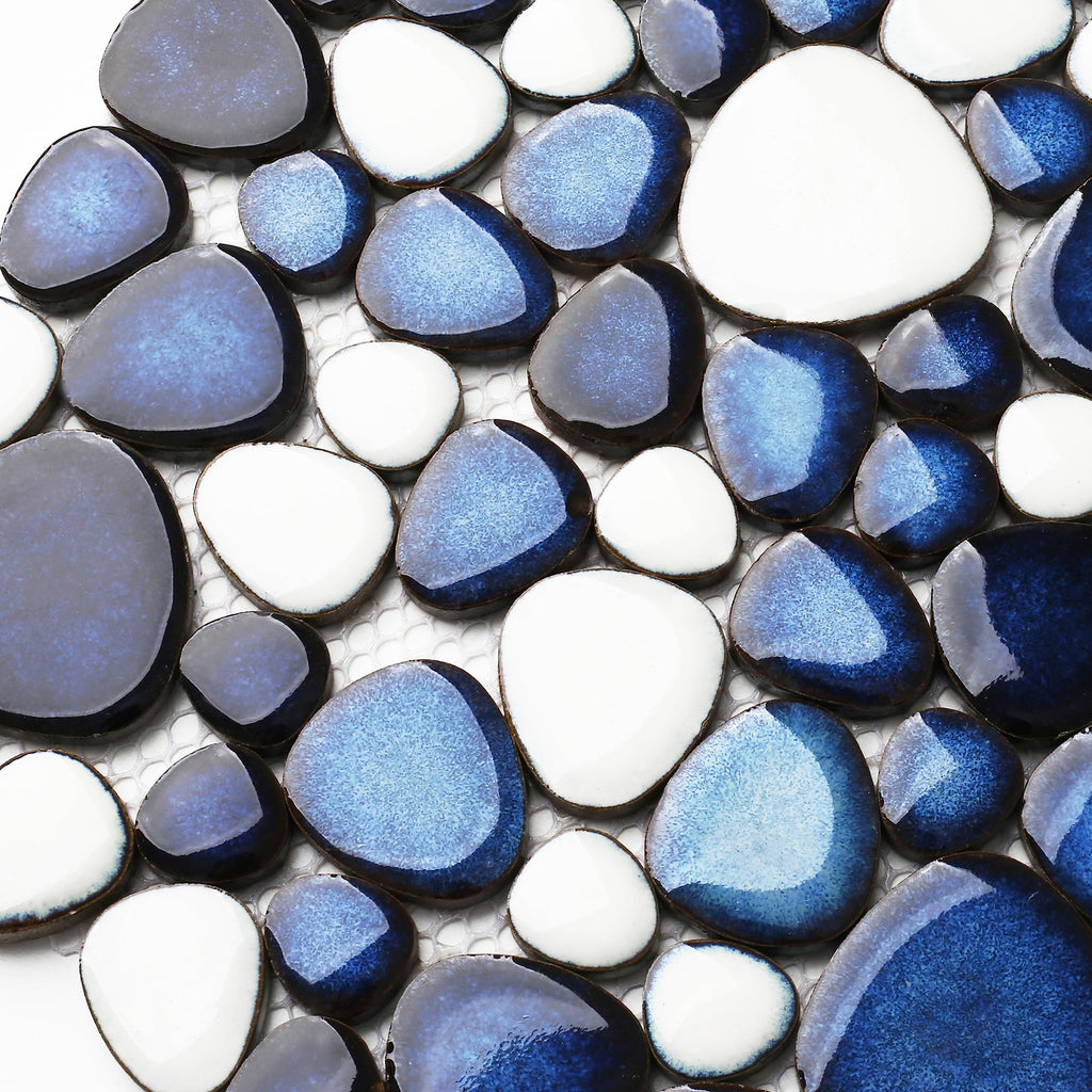 Pebble Ceramic Tiles 5 Sheets, Heart-Shaped 12x12 Floor Tile Ceramic, Dark Blue Mosaic Tiles Mesh Mounted, Waterproof