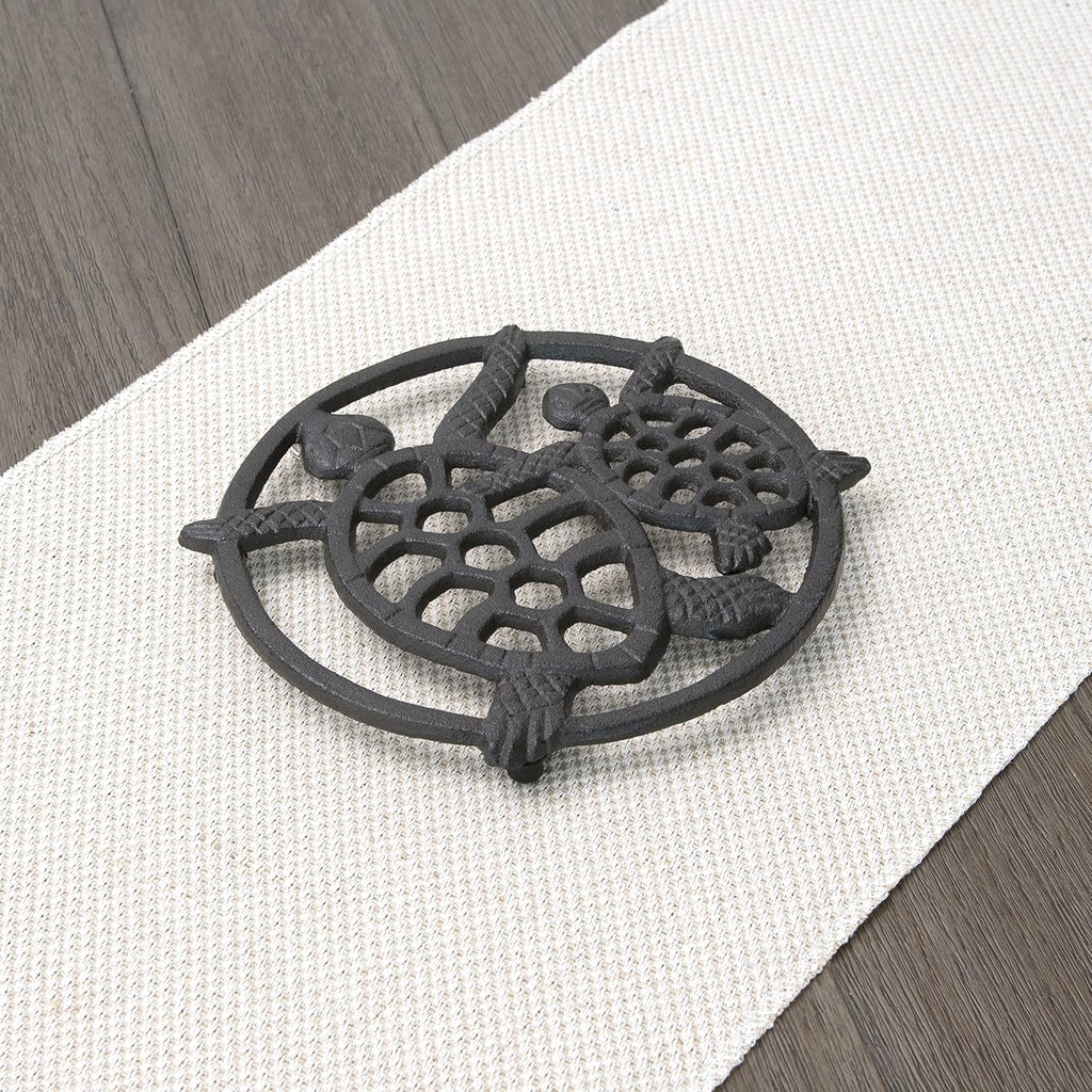 Cast Iron Trivet for Hot Dishes, Pots, and Pans, Metal Trivet, 2 Turtle Design, Rubber Feet Caps, Ring Hanger, 8.75