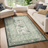 5x7 Washable Botanical Vintage Area Rug, Low Pile Non-Slip Carpet Sage Green