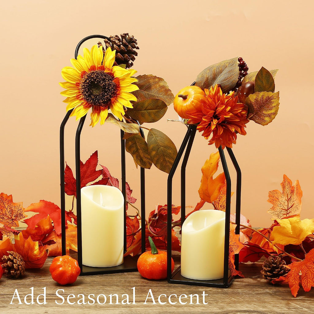 Farmhouse Lantern Decor, 15'' 13'' Set of 2 Black Metal Lantern, 2 LED 6hr Timer Flameless Candles & Remote Timer