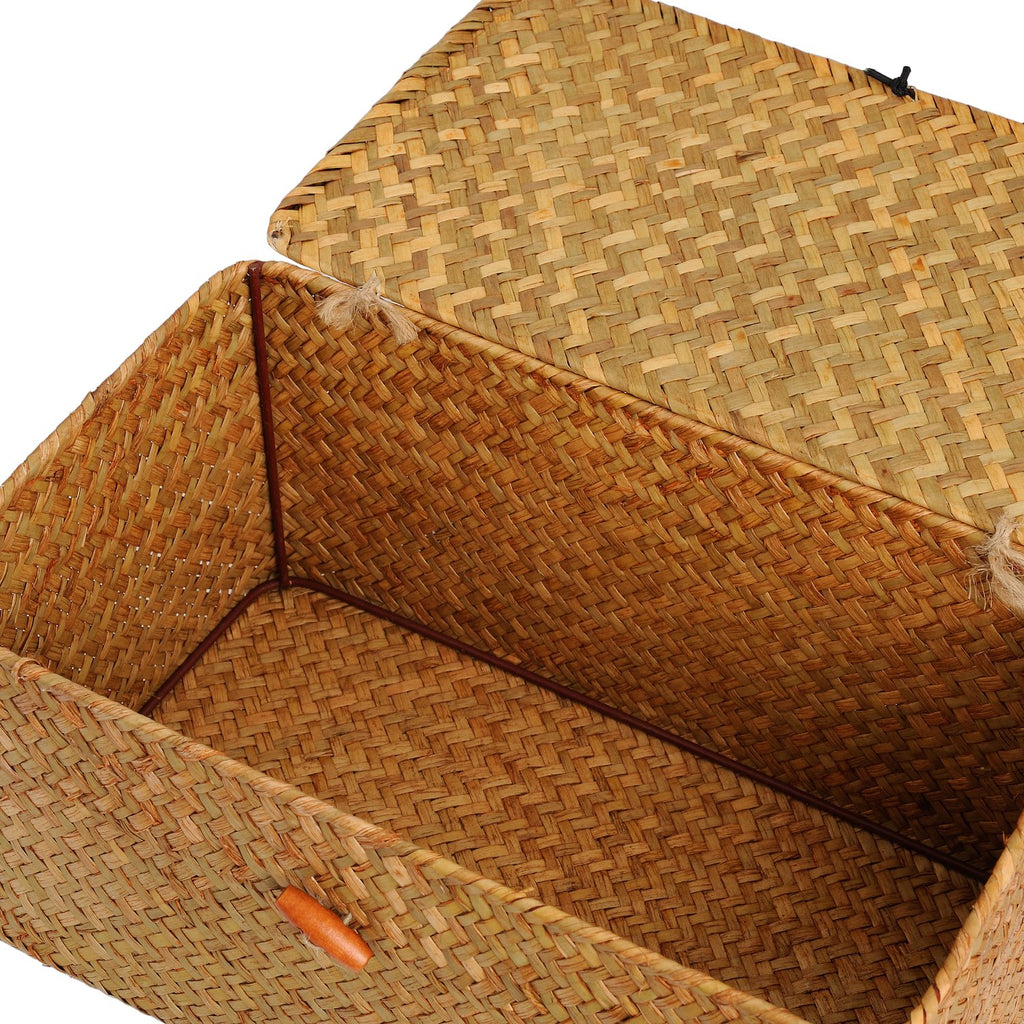 Rectangular Handwoven Seagrass Small Storage Basket with Lid for Shelves and Home Organizer Bins, S