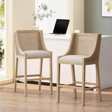 30" Fabric Upholstered Wood and Cane Barstools with Backrest, Set of 2, French Country Counter Stools