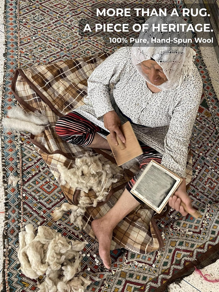 Wool Rug 6' x 9' - Handmade Berber Shag Area Rug, Beni Ourain Style, Ivory/Cream with Charcoal Ladder Diamond Pattern