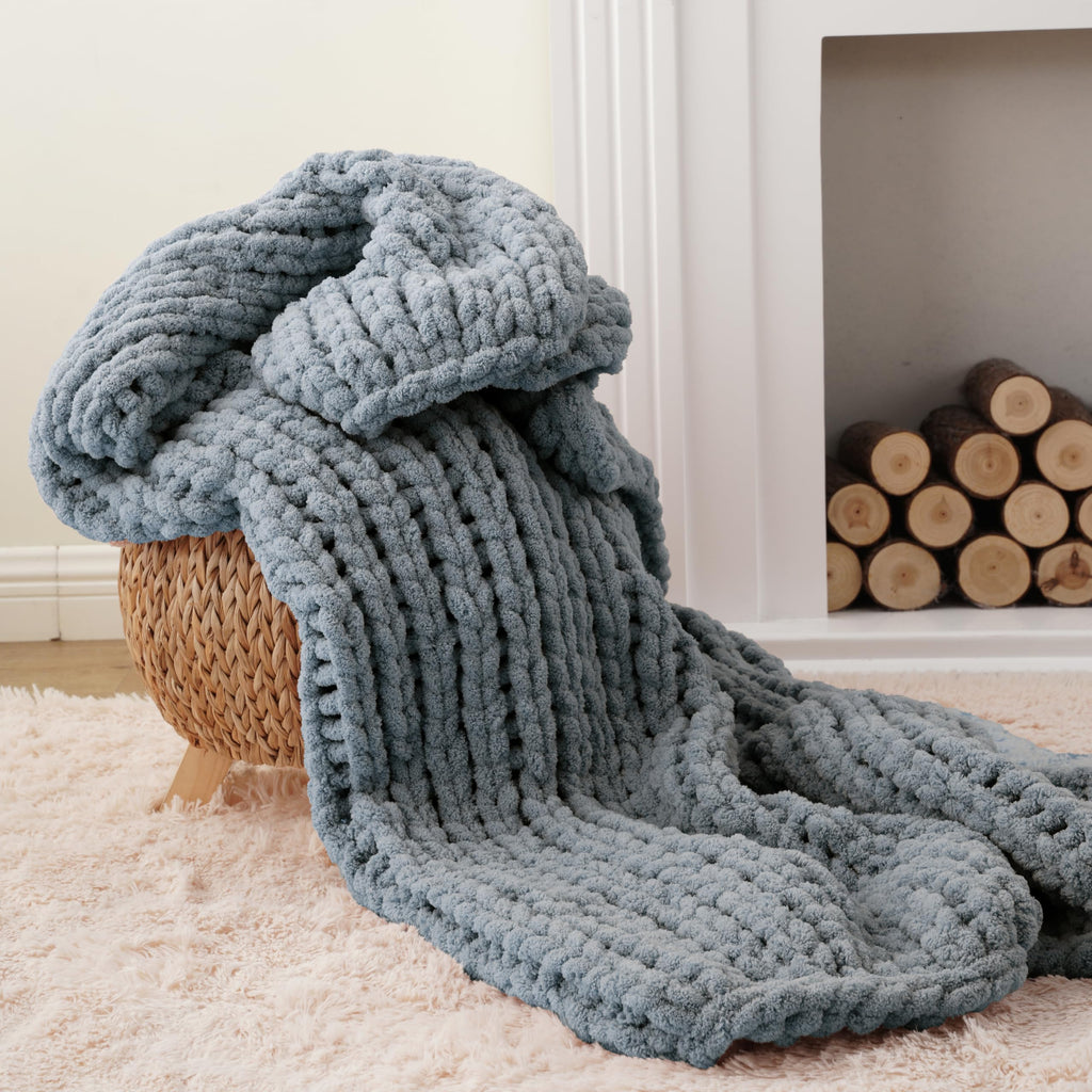 Blue Chunky Knit Throw Blanket for Couch, 50"x60"