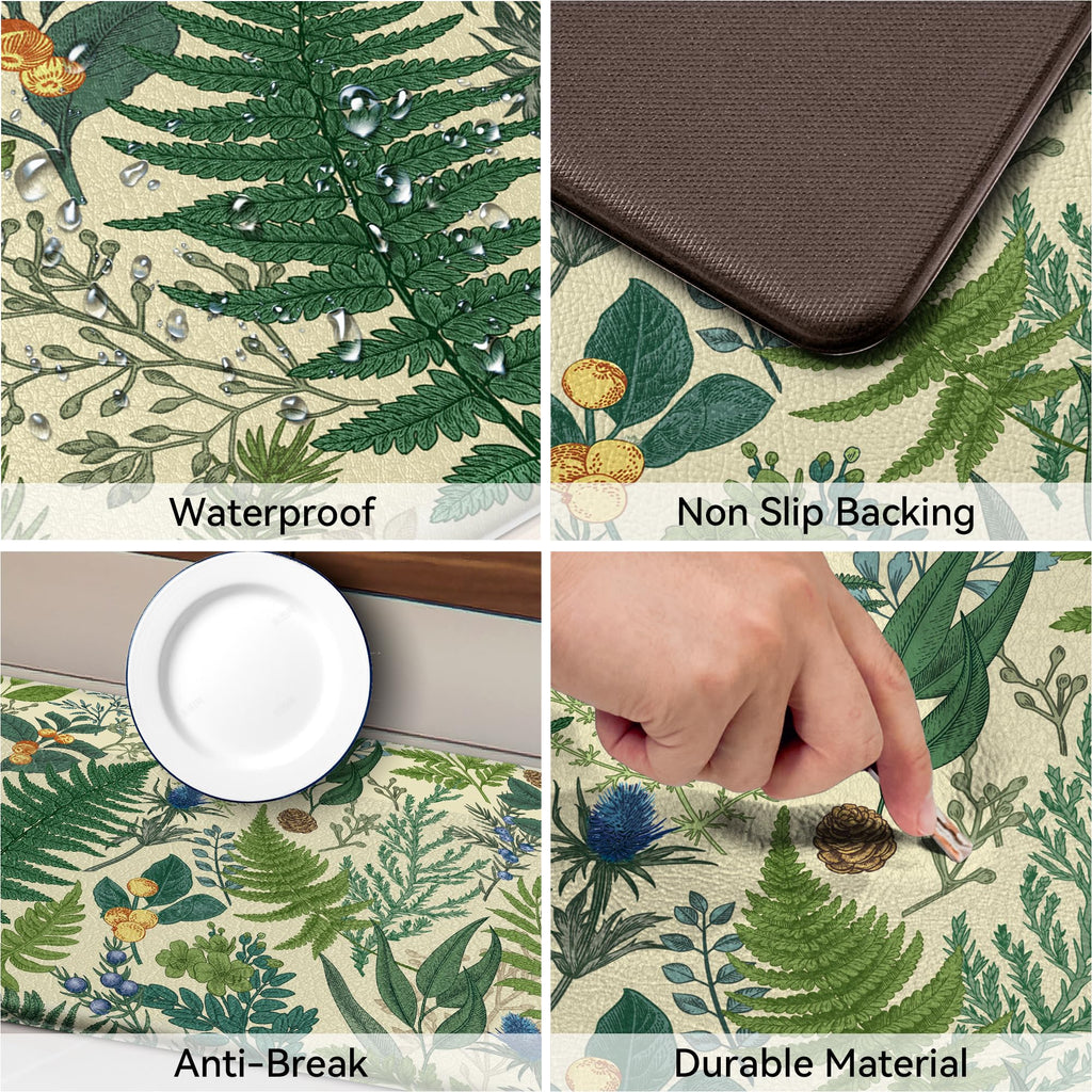2PC Botanical Kitchen Rugs Set, Beige Green, 17.3"x28" + 17.3"x47"