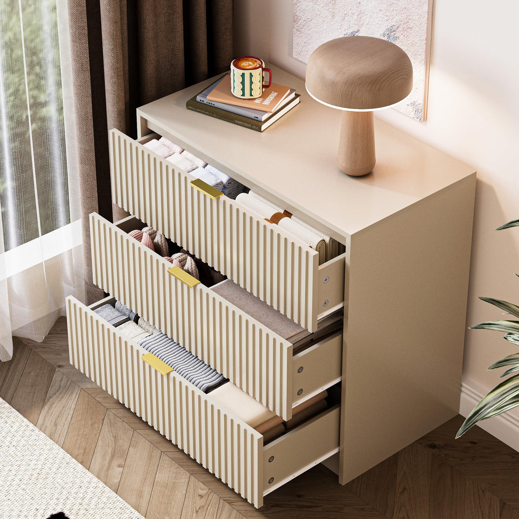 3-Piece Dresser Bedroom Set, 9 Drawer Dresser & 3 Drawer Nightstands with Gold Handles, Fluted Wood Chest of Drawers