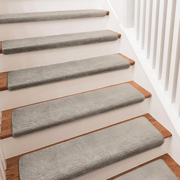 Bullnose Carpet Stair Treads Ultra Plush Cream Gray 14 Pcs - Set of 14