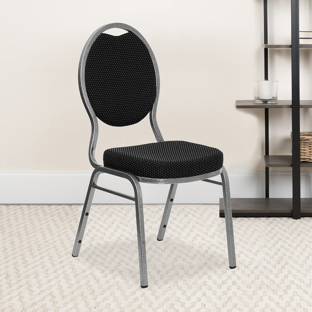 4 Pack HERCULES Series Teardrop Back Stacking Banquet Chair in Black Patterned Fabric - Silver Vein Frame