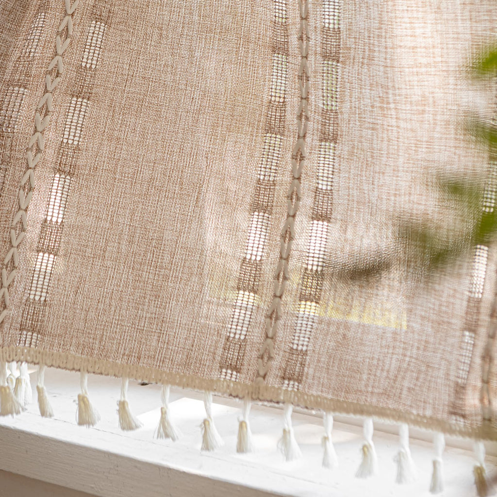 Boho Valance Kitchen Short Curtain with Tassel, Textured Striped Drape Tier Embroidered Shabby Chic Linen Coffee