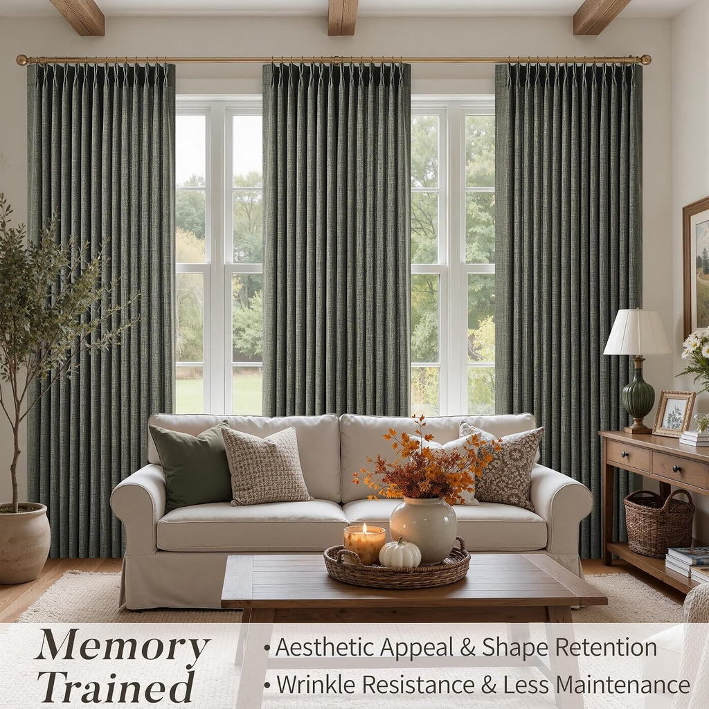 Pinch Pleated Green Linen Curtains (Set of 2 Panels) Light Filtering 86 Inches Long Drapes,Memory Train Shaped Pleat Curtain and Track