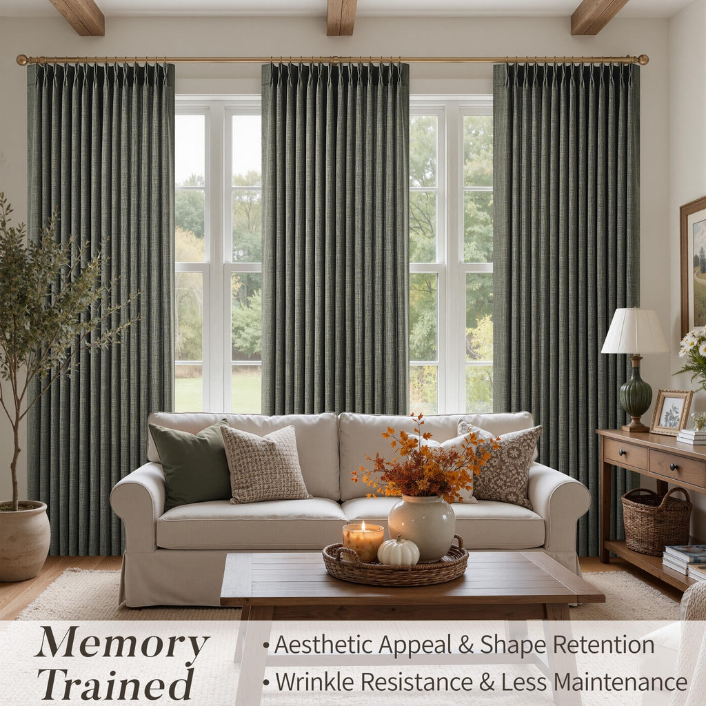 Pinch Pleated Linen Curtains Extra Long 132 Inches Green Drapes for 11 FT High Ceiling to Floor, Light Filtering
