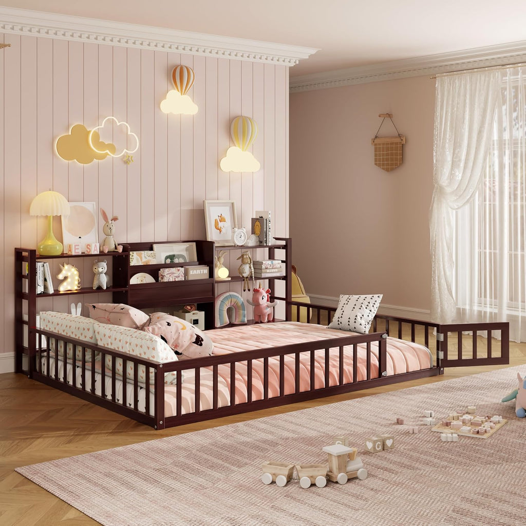 Montessori Floor Bed with Bookcase, Shelves and Fence