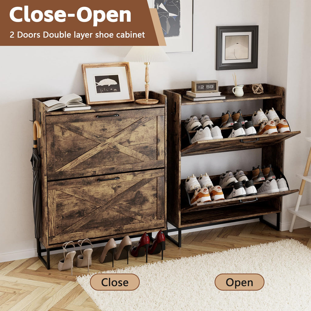 Shoe Storage Cabinet with 2 Flip Drawers, Freestanding Organizer with Metal Legs, Narrow Shoe Rack Cabinet, Rustic
