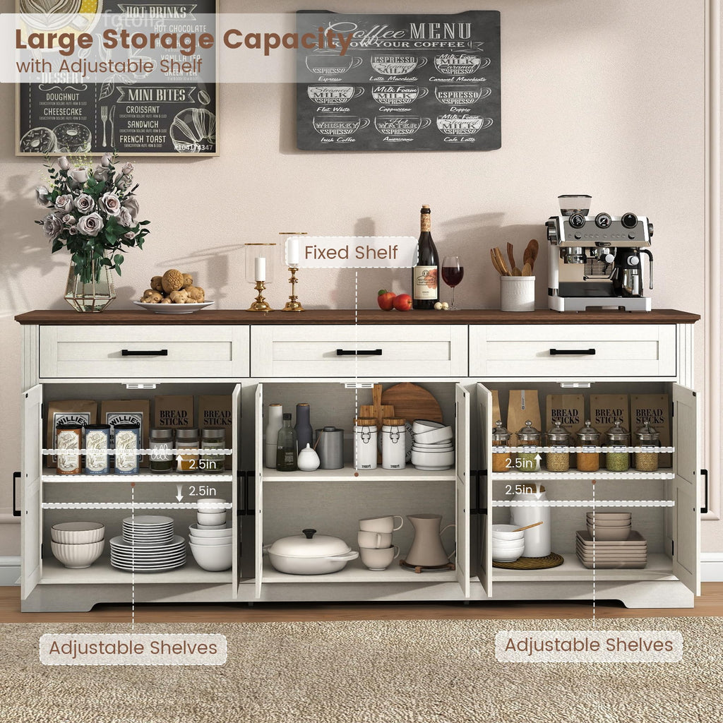 70" Farmhouse Buffet Cabinet with Storage 3 Drawers & 6 Barn Doors, White