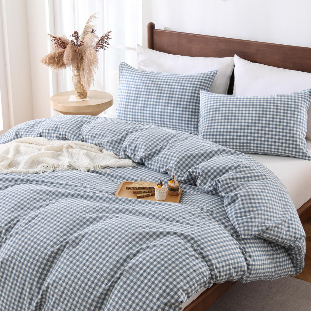 Cotton Pale Blue Gingham Duvet Cover Bedding Set Linen Like