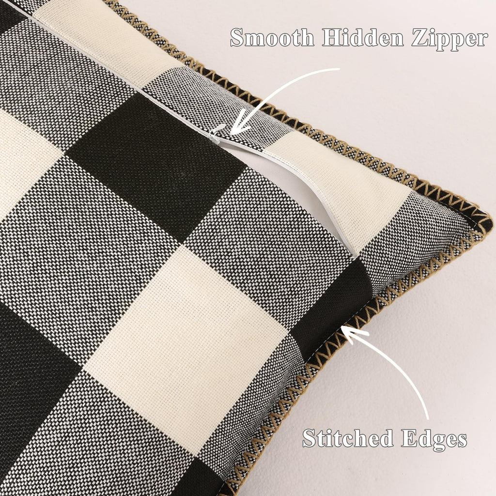 Fall Plaid Linen Throw Pillow Covers 22x22 Set of 2 Black White