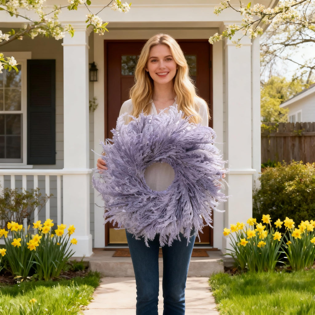 28 Inch Farmhouse Purple Flocked Cypress Spring Wreath Outdoor