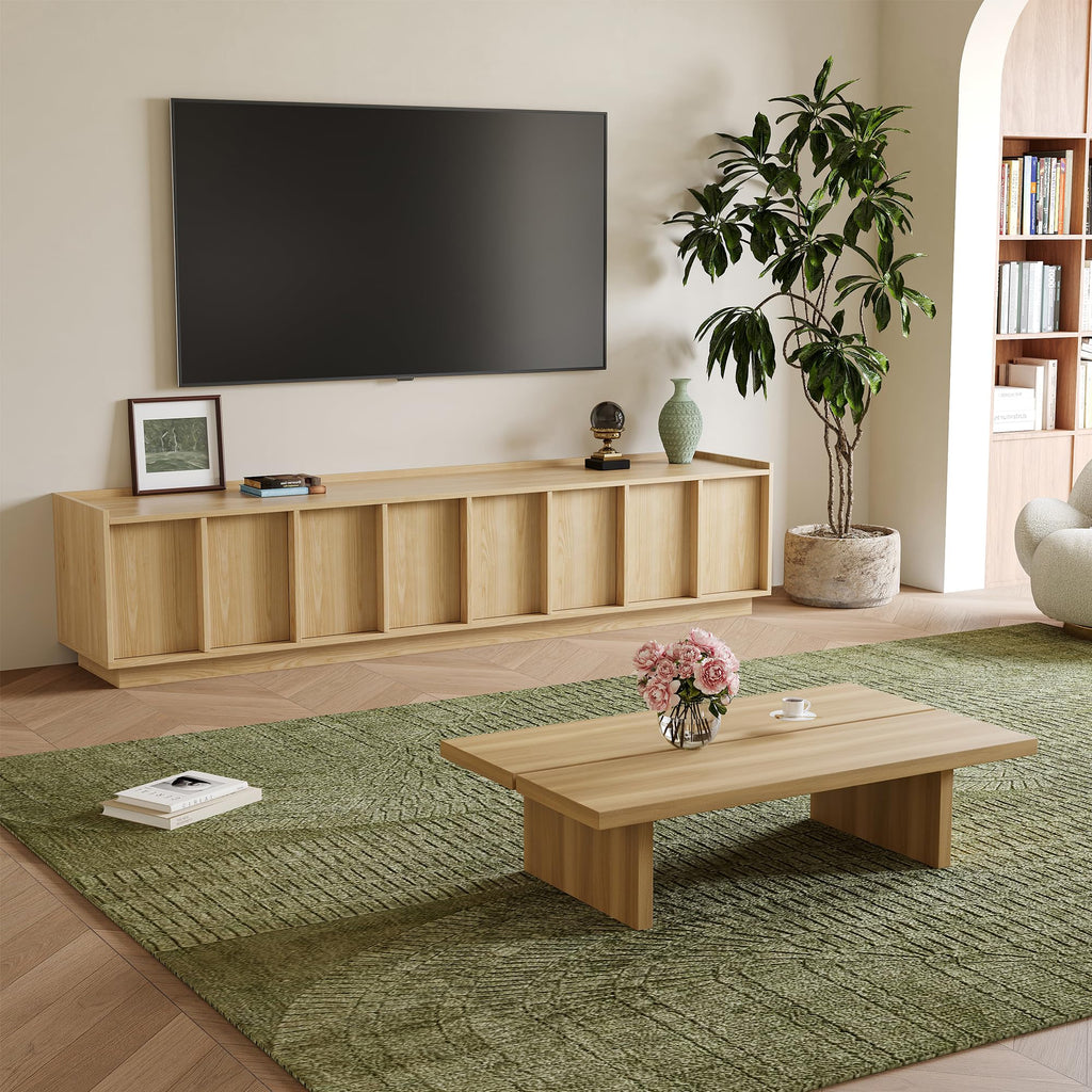 Mid Century Modern Fluted Light Oak TV Stand, Entertainment Center, 79"