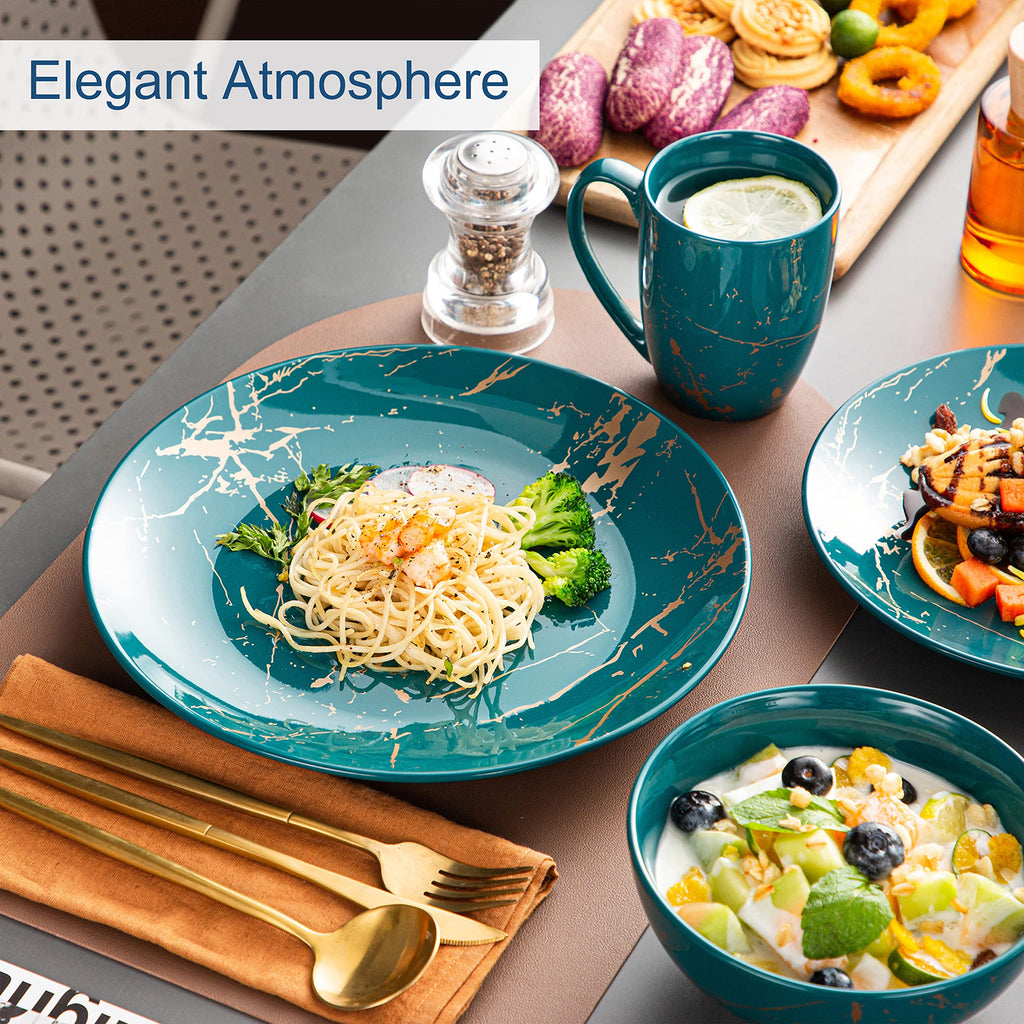 Porcelain Dinnerware Sets for 4, 16 PCS Plates and Bowls Set, Color Glaze with Gold Plate Dish Set, Dinner Sets with