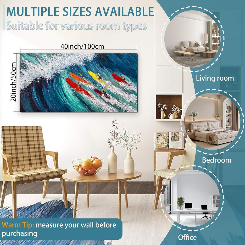 Coastal Canvas Wall Art Large Blue Beach Hand Painted Oil Painting Ocean Wave Wall Art Colorful Surfer Artwork