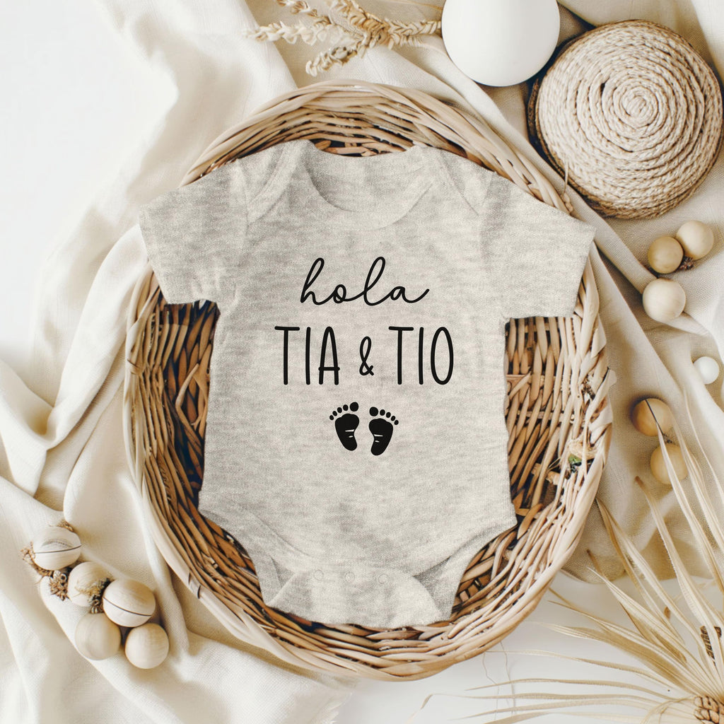 Hola Tia and Tio Pregnancy Announcement Infant Bodysuit for Aunt and Uncle | Spanish New Baby Gifts for Brother and