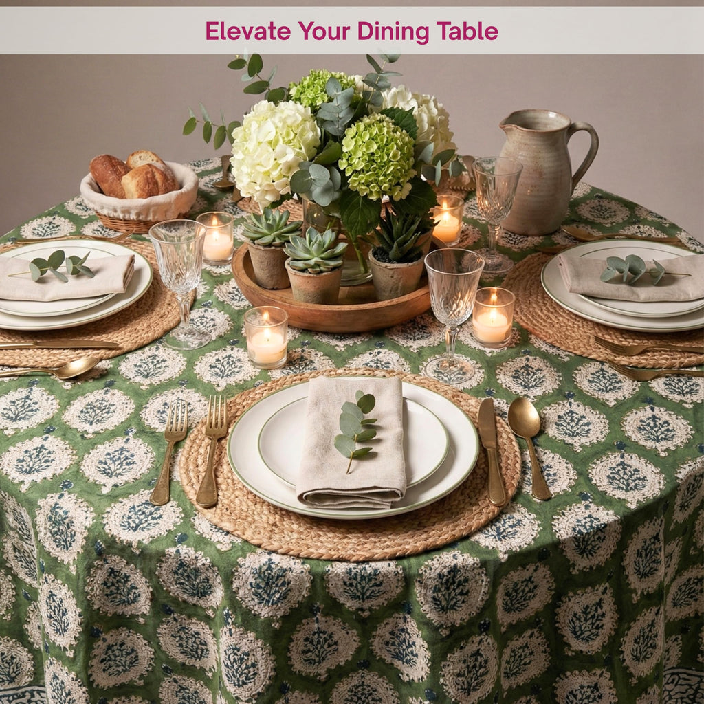 Cotton Blockprint Round Tablecloth, Kari Green, 90 Inches