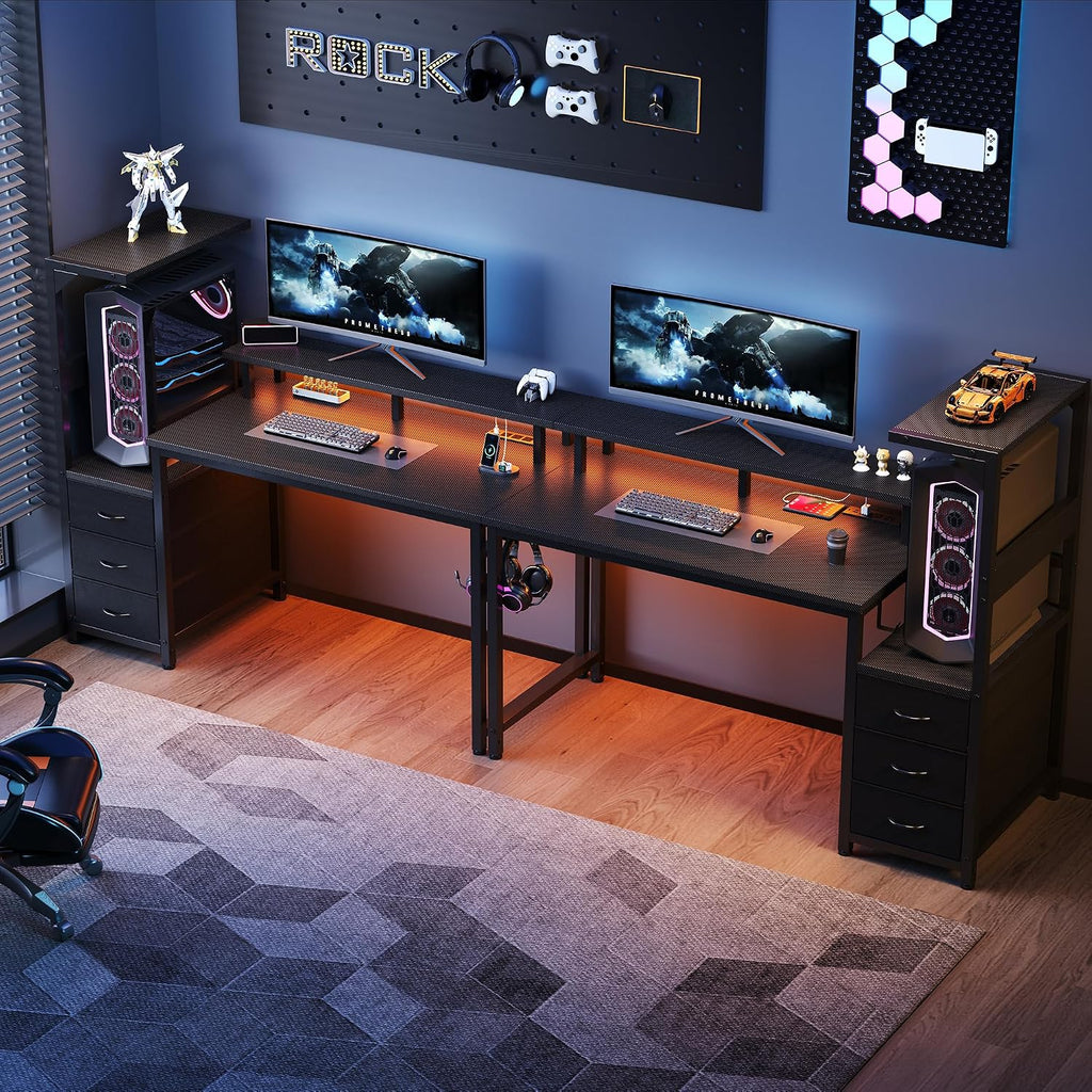 52" Reversible Gaming Desk with LED Lights Power Outlets, Black | Computer Desk with Drawers Can be Used to Store