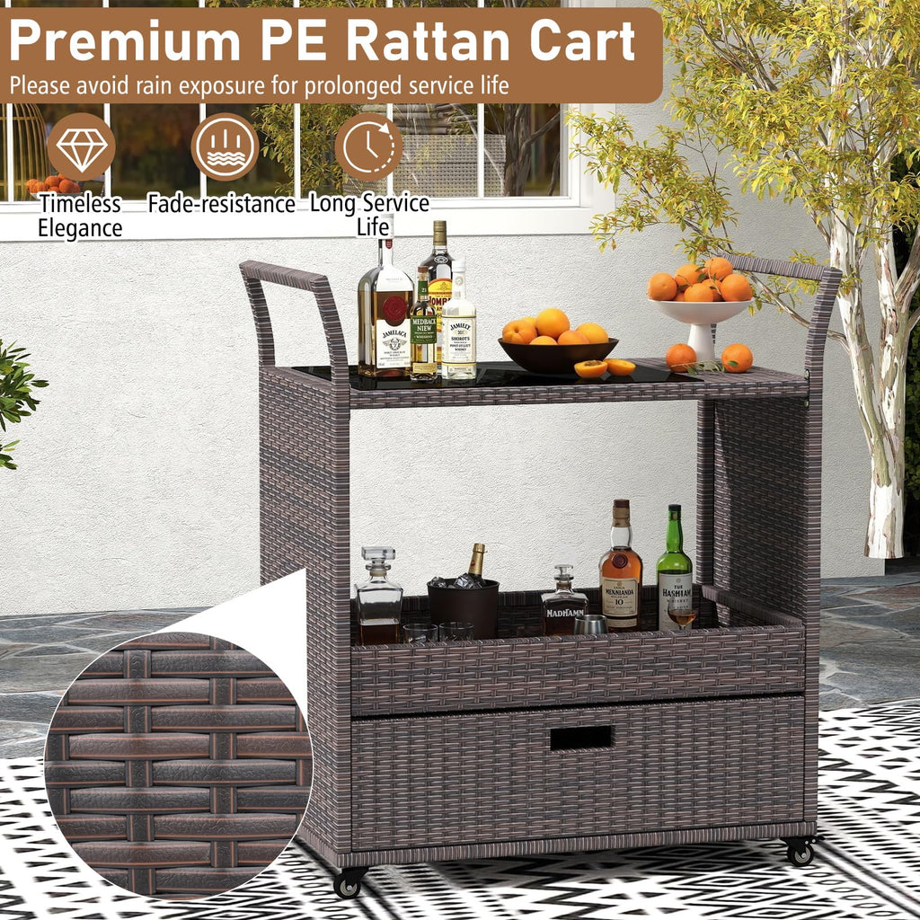 Rolling Rattan Bar Cart, Bar Counter Table with Tempered Glass Top
